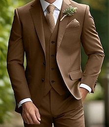 economico -Uomo Matrimonio autunnale Completi Dentellato Borgogna Cachi Quotidiano Affari Tinta unita Vestibilità aderente 3 pezzi Monopetto Due Bottoni
