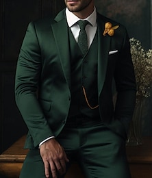 economico -Uomo Matrimonio Completi Dentellato Nero Verde scuro Tinta unita Vestibilità aderente 3 pezzi Monopetto Due Bottoni