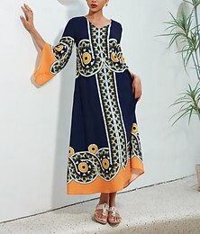 abordables -Femme Vêtements de villégiature Robe Maxi bleu marine Manches 3/4 Folk Imprimé Printemps été Col V Loisir vacances à la plage XS S M
