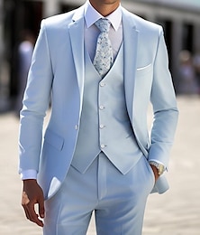 levne -Nebeská modř Světle šedá Pánské Svatební Obleky Jednobarevné Sada 3 kusů Standardní uložení Jednořadé s jedním knoflíkem 2024