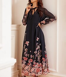 cheap -Women's Floral Graphic Print Tie Neck Long Dress Maxi Dress Long Sleeve Summer Spring