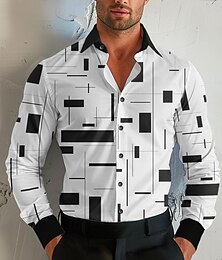 billiga -Herr Geometrisk Geometriska mönster Knapp upp skjorta Tryckta skjortor Långärmad Business Casual Formell Höst Vinter Vår & sommar Nedvikt Skjortor med krage Mönster Vit
