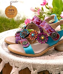 cheap -Women's Sandals Plus Size Handmade Shoes Hand Embossed Outdoor Daily Beach Floral Rivet Flower Block Heel Round Toe Bohemia Vintage Casual Walking Premium Leather Ankle Strap Blue