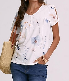 cheap -Women's T shirt Tee Henley Shirt Floral Button Cut Out Print Holiday Weekend Basic Short Sleeve Round Neck White