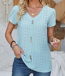 economico -Per donna Blusa Liscio Giornaliero Moda Manica corta A V Top regolari Da mare Giornaliero Pizzo Bottoni Verde salvia Bianco Rosa Blu Estate Primavera Autunno