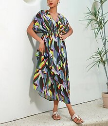 abordables -Femme Robe d'été Robe imprimée Robe Maxi Vert Raglansleev Plantes Imprimé Eté Col V Vacances XS S M