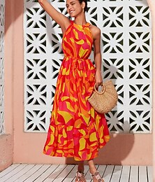 abordables -Femme Robe à col licou Robe imprimée Robe Maxi Rouge Sans Manches Motif de bloc de couleur Imprimé Eté Dos nu Vacances S M L