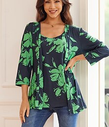 preiswerte -Damen Tank Top Bluse 2-teiliges Outfit Blumen Bedruckt 3/4 Ärmel Rundhalsausschnitt Grün Frühling
