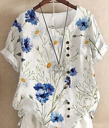 economico -Per donna Camicia Camicie ispirate al lino Blusa Floreale Casual Manica Corta Girocollo Top Regolari Vacanza Quotidiano Stampato Giallo Verde chiaro Blu Reale Blu Viola Estate