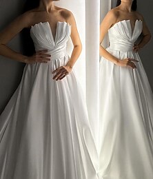 Недорогие -Белое вечернее платье трапеции элегантное платье свадебное платье маскарад со шлейфом часовни без рукавов без бретелек атлас с рюшами 2024