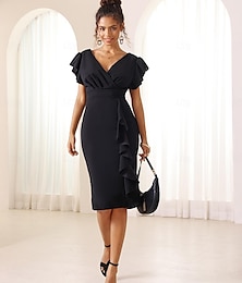 preiswerte -Damen Arbeitskleidung schwarzes kleid Modisch Täglich Minikleid Rüsche V Ausschnitt Kurzarm Glatt Lockere Passform Schwarz Sommer S M L XL 2XL