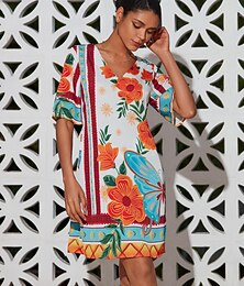 abordables -Vestido de verano de manga corta con estampado floral y escote en V, estampado de flores naranjas, estilo informal para vacaciones en la playa, elegante y corto.