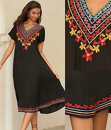 olcso -Női Hímzett Fekete ruha Midi ruha Virágos V-alakú Rövid ujjú Nyár Tavasz Fekete