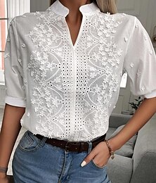cheap -Shirt Lace Shirt Blouse Women's White Plain Eyelet Lace Street Daily Basic Modern V Neck Regular Fit S