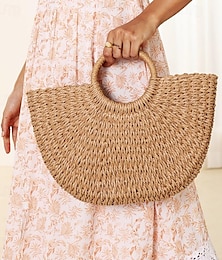 cheap -Women's Handbag Beach Bag Dome Bag Straw Holiday Beach Large Capacity Solid Color Woven Khaki Beige