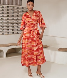 preiswerte -Damen Maxi-Saum Maxikleid Rote Halbarm Schattierung Drucken Sommer V Ausschnitt Kleider Urlaub S M L