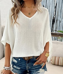 baratos -Mulheres Suéter Elegante Côr Sólida Crochê Decote V Tricotado Meia Manga Tops regulares Tricotar Diário Vermelho Vinho Branco Verão