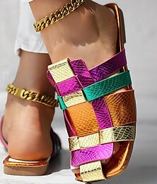 abordables -Sandalias de tiras metálicas de colores para mujer: zapatos planos sin cordones con estampado de serpiente vibrante para uso informal en verano y festivales