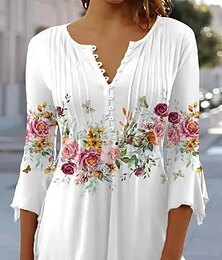 economico -T-shirt da donna basic stampa floreale bottoni maniche lunghe 3/4 tops regolari scollatura rotonda casual vacanza bianca