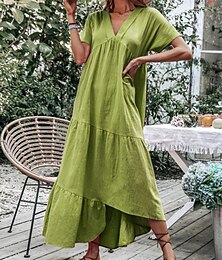 abordables -Femmes Bleu Bleu Ciel Vert Été Printemps Robe maxi Robes en coton et lin Robe Décontractée Basique Moderne Quotidien Week-end Coupe Ample Uni Col en V