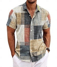 economico -Per uomo Camicia camicia di lino camicie retrò Camicia d'epoca Camicia etnica Scozzese a quadri Esterno Interni Blu Kaki Grigio Manica corta Collo ripiegabile Estate Abbigliamento