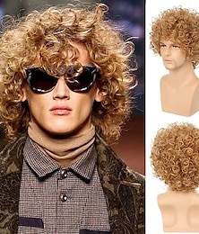 ieftine -perucă blondă bărbați ondulat scurt rocker anii 70 păr costum cu aspect natural rezistent la căldură peruci cosplay de Halloween (blond)