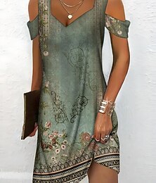 abordables -Femmes Robe Midi Robe T-Shirt Robe d'Été Robe fourreau Robe d'été Bohème Actif Mode Extérieur Vacances Soirée Coupe régulière Fleuri Tribal Manche Courte Coeur Vert Été Printemps