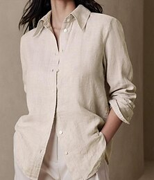 cheap -100% Linen Women's Shirt Blouse Breathable And Soft Luxurious Linen Casual Beige Button Modern Shirt Collar Long Sleeve Regular Fit Summer Spring