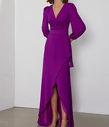 economico -Abiti da ospite di matrimonio a trapezio abito elegante formale black tie lunghezza del pavimento manica lunga collo a V chiffon senza schiena con incrocio
