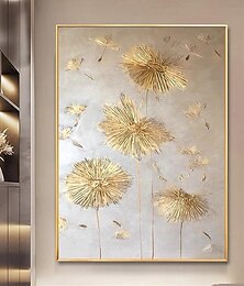 preiswerte -handgemaltes 3D-Gemälde mit Löwenzahn und Goldfolie, goldenes Akzentgemälde, Wohnakzentstück, Statement-Gemälde, Hotelwandgemälde, Blattgold-Gemälde mit Wildblumen, gerollte Leinwand (ohne Rahmen).