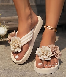 cheap -Women's Platform Sandals Flower Decor Flip-Flops Casual Clip Toe Summer Shoes Slip On Beach Slides Beige