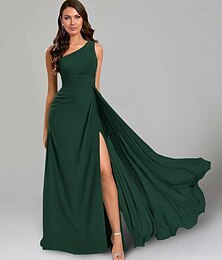 economico -Abiti da Ospiti di Matrimonio A-Line Abito Elegante Black Tie Lunghi fino al Pavimento Maniche Corte Una Spalla Abito da Sposa Chiffon con Arricciature