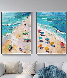 お買い得  -家族の晴れたビーチオリジナル特大海洋アート沿岸特大ビーチ絵画手描きの海の厚い質感モダンな壁アートフレーム付きすぐに掛けられる