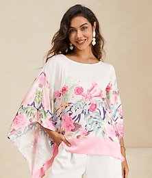 cheap -Women's Poncho Floral Leaf Print Daily Vacation Flutter Sleeve Long Sleeve Crew Neck Pink Summer