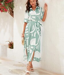 abordables -Femmes Robe Ample Robe Longue Maxi Robe Vert Menthe Manche Courte Géométrie Avec ceinture Printemps & Été Col de chemise Occasionnel Vacances à la Plage S M L