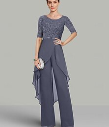 abordables -Combinaison  Pantalon Deux Pièces Mère de la Mariée Invité de Mariage Élégante Col Bijou Longueur au Sol Chiffon Dentelle Manches Mi-Longues avec Volants en Dentelle taille personnalisée gratuite