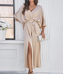 abordables -Robe à Volants Femme Robe Maxi Cuisse fendue Soirée Grande occasion Col V Manches 3/4 Standard Noir Vin Vert S M L XL