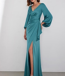 economico -Abiti da invitata al matrimonio A-Line abito elegante formale black tie lunghezza del pavimento maniche lunghe collo a V charmeuse con arricciato