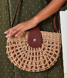 economico -Per donna Borsa a tracolla Borsa di paglia Borsa semicircolare Paglia Per eventi Spiaggia Viaggi Fibbia Regolabile Massima capacità Tinta unica Marrone scuro bianco
