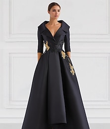 abordables -Robe de soirée A-Line noire vintage brodée robe élégante robe de smoking longueur de sol formelle à manches longues en V satin avec appliques de perles 2025