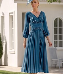 economico -ts a-line madre della sposa abito formale elegante scollo a v lunghezza tè chiffon manica 3/4 con pizzo 2025 taglia personalizzata gratuita