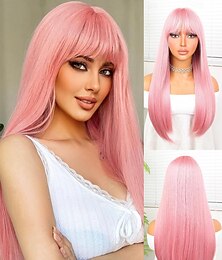economico -Parrucche sintetiche Yaki liscia Frangetta dritta Parrucca 24 pollici Pink + Red Capelli sintetici Da donna Rosa