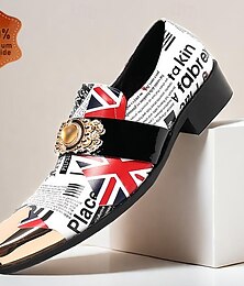 preiswerte -Loafer für Herren aus hochwertigem Rindsleder im Punk-Stil – Schlupfschuhe mit Union Jack- und Zeitungsdruck, dekorativer Schnalle und Zehenkappe aus goldfarbenem Metall