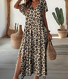 ieftine -rochie casual de dama cu imprimeu leopard, coapsa despicata, cu decolteu in V, rochie lunga, maxi, eleganta, casual, data de zi cu zi, cu maneca scurta de vara