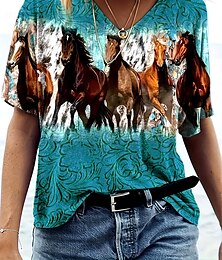 economico -maglietta da donna casual stampa cavallo manica corta top regolari scollo a V quotidiano blu viola verde estate
