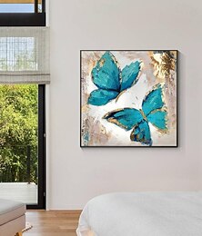 お買い得  -手描きの金色の青緑色の蝶の絵、手描きの飛ぶ翼から翼までの正方形の油絵、額入り壁アート、寝室、リビングルーム用の高級動物の絵、アート装飾、蝶のアートワーク、ギフト