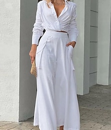 economico -Per donna Elegante Camicia Set di biancheria in cotone Set da due pezzi Pantaloni a Gamba Larga Manica Lunga Colletto a Camicia Semplice Ufficio Lavoro Nero Bianco Blu Estate Vestibilità regolare