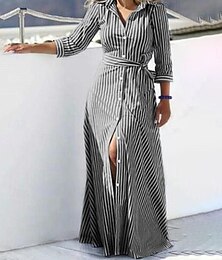 abordables -Femmes Noir Bleu Été Printemps Robe maxi Robes en coton et lin Robe Chemise Robe Décontractée Basique Moderne Quotidien Week-end Coupe Ample Rayé Col de chemise