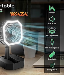お買い得  -WAZA折りたたみ式USBミニファン – 高さと角度調整可能、LEDライト付き、旅行とオフィス用の個人用充電式ファン