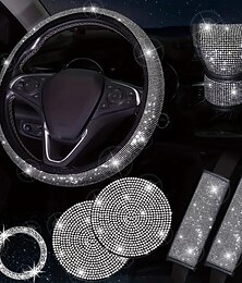 billige -7 stk/sett bling-biltilbehørsett for kvinner - inkluderer rattdeksel- og dalbaner bilbelteputer emblem-klistremerke og girskiftdeksel - legg til gnist og komfort til turen din